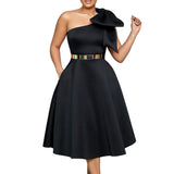 Pleated Dresses Party Women One Shoulder Bow Wedding Guest Gowns  Occasion Female with Waist Belt Birthday MartLion black M 