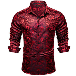 Red Silk Men's shirts Long Sleeve Luxury Social Dress Shirt Blouse Designer Night Bar Prom Wedding Party Clothing MartLion CY-2052 S 