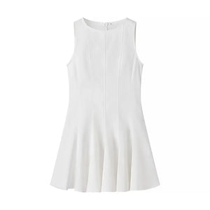 White Sleeveless Women Mini Dress Back Zipper Folds Lady Dress  Summer Solid  Casual Elegant Lady Dress MartLion WHITE L 