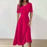 Women Dress Casual Print Mid-Calf Dresses V-Neck Short Sleeves Frocks Robes MartLion Hot Pink XXL United States