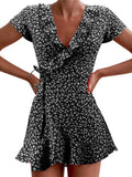 Summer Women’s  Dress Sweet Elegant Floral Ruffles V-neck Bandage Short Dress MartLion black S 