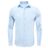 Hi-Tie Navy Royal Sky Blue Silk Men's Shirts Lapel Collar Long Sleeve Dress Shirt Jacquard Blouse Wedding MartLion SGCY-1624 S 