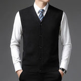 Men's Clothing Top Grade Winter V Neck Woolen Brand Knit Cardigan Casual Sweater Vest Sleeveless MartLion Black 50 L 110 