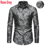 Men's Floral Black Dress Shirts Stylish Long Sleeve Steampunk arty Club Bar Social Shirt Chemise Homme Mart Lion Gray rose USA S 