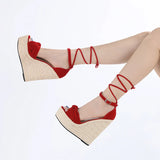 Liyke Summer Cross Ankle Strap Platform Wedge Sandals Design Pleated Open Toe 14CM High Heels Shoes Women Sandalias Red MartLion   
