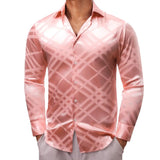 Luxury Shirts Men's Silk Satin Beige Plaid  Long Sleeve Slim Fit Blouses Trun Down Collar Tops Breathable Clothing MartLion   