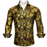 Luxury Shirts Men's Long Sleeve Silk Green Flower Slim Fit Tops Casual Button Down Collar Bloues Breathable Barry Wang MartLion 0590 S 