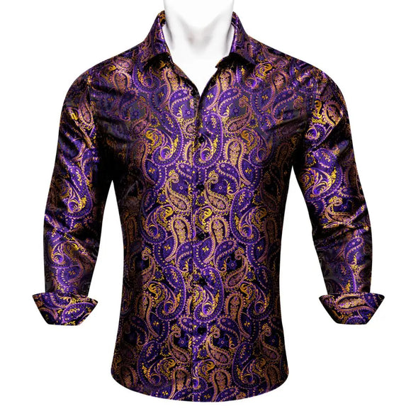  Designer Men's Shirts Silk Long Sleeve Purple Gold Paisley Embroidered Slim Fit Blouses Casual Tops Barry Wang MartLion - Mart Lion