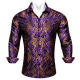 Designer Men's Shirts Silk Long Sleeve Purple Gold Paisley Embroidered Slim Fit Blouses Casual Tops Barry Wang MartLion   