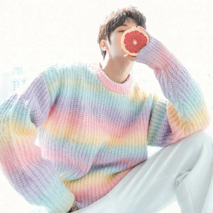 Men's Gradient Tie Dye Round Neck Loose Sweater Knit Sweater Autumn Rainbow Striped Casual Long Sleeve Sweater MartLion   