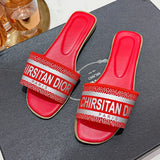 Slippers for Women Wearing on The Outside Round Toe Flat Bottomed Embroidered Letter One Line Beach Sandals for Summer MartLion Red 39 