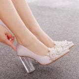 9cm Crystal Transparent Square Heel Beaded Pointed Single Shoes Women's Thick High Heels MartLion   