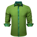 Designer Shirts Men's Silk Satin Dark Green Teal Solid Long Sleeve Button Down Collar Blouses Slim Fit Tops Barry Wang MartLion   