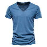 Cotton Men's T-shirt V-neck Design Slim Fit Soild Tops Tees Short Sleeve MartLion F037-V-JeansBlue Size M 55-65kg 
