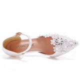 Crystal Queen White Lace Pearl Rhinestone Women Pointed Toe Summer 5CM High Heels Elegant Mary Jane Shoes MartLion   