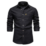 Cotton Men's Denim Shirt Solid Color Single Pocket Casual Long Sleeve Shirt MartLion Black L 