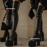 Bonjomarisa Women Thigh High Boots Double Platform Block High Heels Over The Knee Boots Zip Long Shoes MartLion   