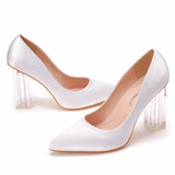 White Women Block Transparent 9 cm High Heels Lady Satin Clear Pumps Wedding Dress Silk Shoes MartLion   