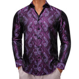 Designer Shirts Men's Silk Long Sleeve Light Purple Silver Paisley Slim Fit Blouses Casual Tops Breathable Barry Wang MartLion   