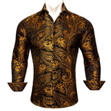 Luxury Silk Shirts Men's Long Sleeve Gold Black Floral Embroidered Regular Slim Fit Male Tops Regular Lapel Bloues Barry Wang MartLion 0445 S 