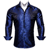Luxury Shirts Men's Silk Embroidered Blue Paisley Flower Long Sleeve Slim Fit Blouses Casual Tops Lapel Cloth Barry Wang MartLion 0624 S 