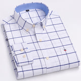 Men's 100% Cotton Plaid Checkered Long Sleeve Oxford Shirt Front Patch Chest Pocket Button-down Striped Versatile Casual Mart Lion L502 43 