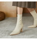 Brown Ankle Boots Women High Heel Fall Winter Leather Temperament Tip Elastic Shoes Mart Lion beige add cotton 34 