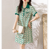 Elegant Print Polo Collar Dresses  Women Summer Casual Short Sleeve Loose Chic Midi Dress MartLion Green L 