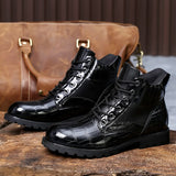 Men's Boots Autumn Spring Leather Round Toe Vintage Crocodile Pattern Shoes Leisure High Top Mart Lion   