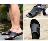 Men's Slippers Summer Genuine Leather Casual Slides Street Beach Shoes Black Cow Leather Sandals Mart Lion   