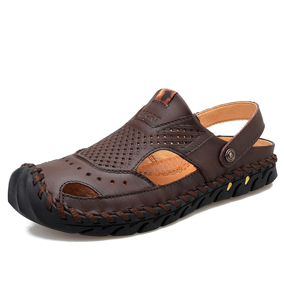 Men's Summer Sandals and Slippers Genuine Leather Adult Thick-soled Beach Shoes Non-slip MartLion Brown 40 