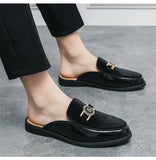 Men's Mules Leather Slipper Summer Walk Loafers Open Style Half Flat Shoes Casual Sandals Metal Lock Slides Moccasin MartLion   