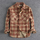 Plaid Woven Corduroy Men Shirts  Cotton  Heavy Washed Workwear Retro Western Style Casual MartLion RED CHECK 3XL 85-92kg 