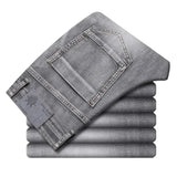 Cotton Stretch Denim Jeans Casual Men's Thin Grey Summer  Straight Lightweight Trousers MartLion Gray white 28 