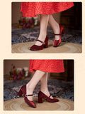 Vintage Silk Satin High Heels Mary Jane Shoes Women Chunky Heels Pumps Pearl Buckle Thick-Heeled Fat Wide Feet Mart Lion   