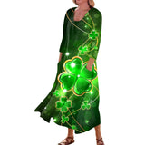 Y2k Elegant St Patrick's Day Printed Mid-Calf Dresses For Women's Round Collar 3/4 Sleeves Frocks MartLion Dark Green S United States
