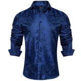 Luxury Blue Black Paisley Silk Shirts Men's Long Sleeve Wedding Party Prom Tuxedo Dress Casual Designer Clothing MartLion   