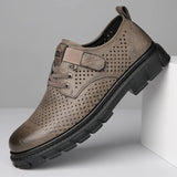  Classic Khaki Leather Casual Shoes Men's Summer Hollow out Platform Lace-up Oxford zapatos de hombre MartLion - Mart Lion