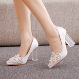 9cm Crystal Transparent Square Heel Beaded Pointed Single Shoes Women's Thick High Heels MartLion   