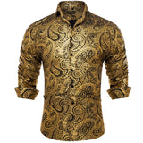 Luxury Gilding Pink Blue Red Paisley Print Silk Dress Shirts for Men's Long Sleeve Social Clothing Tops Slim Fit Blouse MartLion CY-2321 S 