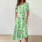 Women's Clothing Unique St Patrick's Day Print Mid-Calf Dresses Round Neck Short Sleeves Frocks MartLion Green S CHINA