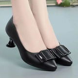 women cute sweet black leather square heel shoes for office classic pointed toe office party pumps MartLion ef 35 