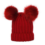 Winter Women Beanie Hats Faux Fur Ball Mother Kids Hats for Girls Boys Warm Knitted Bobbles Woman Cap Teenager Grils Beanies MartLion Wine red Kids(0-3Y) 