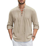 Men's Renaissance Shirt Pirate Medieval Viking top Cotton Linen Shirts Long Sleeved Halloween MartLion khaki US M 