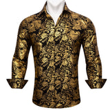 Luxury Shirts Men's Long Sleeve Silk Green Flower Slim Fit Tops Casual Button Down Collar Bloues Breathable Barry Wang MartLion 0591 S 