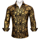 Luxury Shirts Men's Long Sleeve Silk Green Flower Slim Fit Tops Casual Button Down Collar Bloues Breathable Barry Wang MartLion