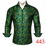 Luxury Shirts Men's Long Sleeve Silk Green Flower Slim Fit Tops Casual Button Down Collar Bloues Breathable Barry Wang MartLion   