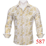 Luxury Shirts Men's Long Sleeve Silk Green Flower Slim Fit Tops Casual Button Down Collar Bloues Breathable Barry Wang MartLion   