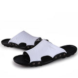 Men's Slippers Summer Genuine Leather Casual Slides Street Beach Shoes Black Cow Leather Sandals Mart Lion White 36 