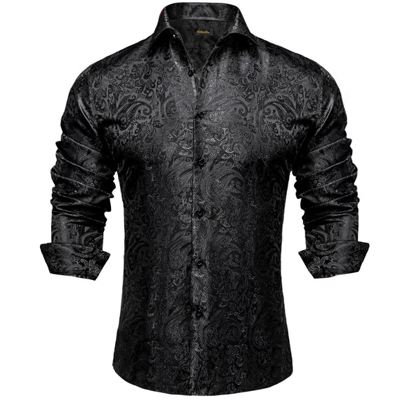  Men's Long Sleeve Black Paisley Silk Dress Shirts Casual Tuxedo Social Shirt Luxury Designer Clothing MartLion - Mart Lion